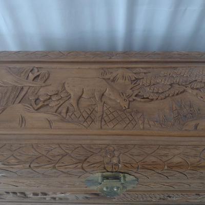 Vintage Wood Carved Storage Trunk Wildlife Theme Asian Influence Choice 28"