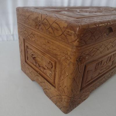 Vintage Wood Carved Storage Trunk Wildlife Theme Asian Influence Choice 28"