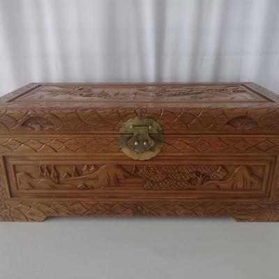 Vintage Wood Carved Storage Trunk Wildlife Theme Asian Influence Choice 28"