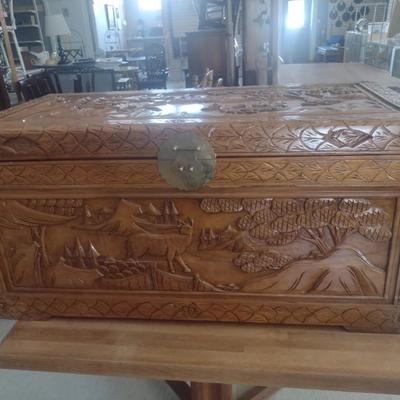 Vintage Wood Carved Storage Trunk Wildlife Theme Asian Influence Choice 40"