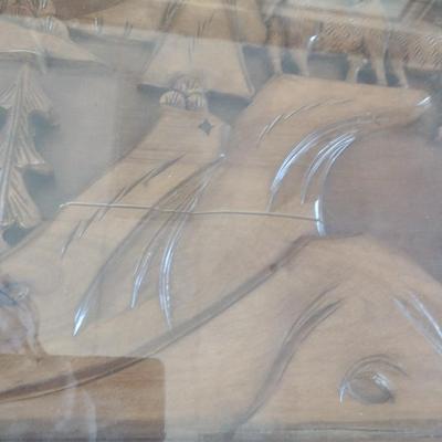 Vintage Wood Carved Accent Table Wildlife Theme Asian Influence Glass Top Cover