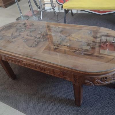 Vintage Wood Carved Accent Table Wildlife Theme Asian Influence Glass Top Cover