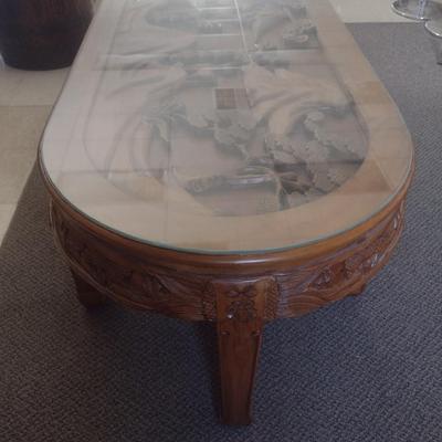 Vintage Wood Carved Accent Table Wildlife Theme Asian Influence Glass Top Cover