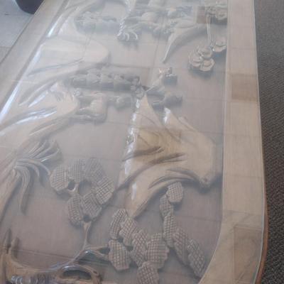 Vintage Wood Carved Accent Table Wildlife Theme Asian Influence Glass Top Cover