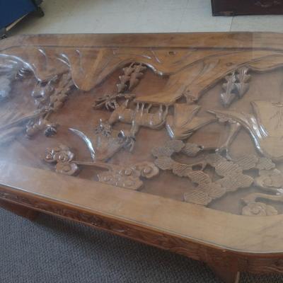 Vintage Wood Carved Accent Table Wildlife Theme Asian Influence Glass Top Cover
