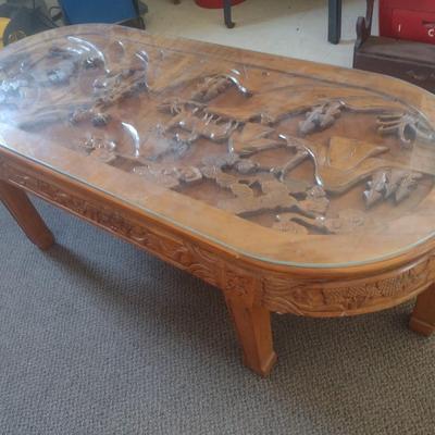 Vintage Wood Carved Accent Table Wildlife Theme Asian Influence Glass Top Cover