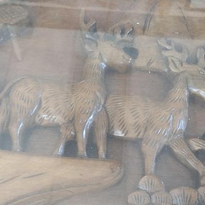 Vintage Wood Carved Accent Table Wildlife Theme Asian Influence Glass Top Cover