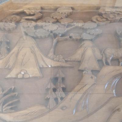 Vintage Wood Carved Accent Table Wildlife Theme Asian Influence Glass Top Cover