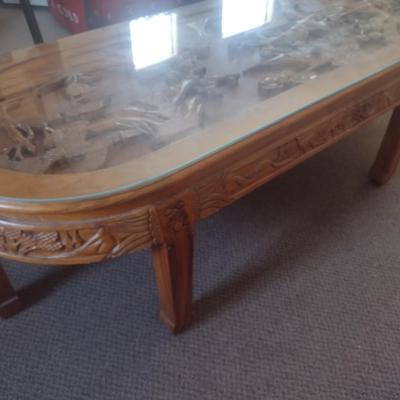 Vintage Wood Carved Accent Table Wildlife Theme Asian Influence Glass Top Cover