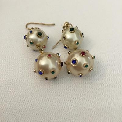 Cute faux white pearl CZ multicolored dangling earrings