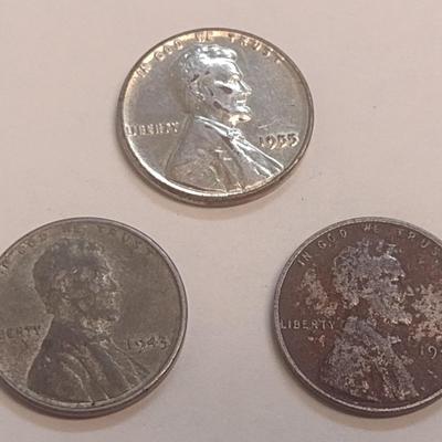 Set of Three U. S. Steel Wheat Pennies 1955, and Two 1943 (#108)
