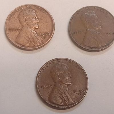 Set of Three U. S. Wheat Pennies 1956-D, 1945, and 1949-D Error (#109)