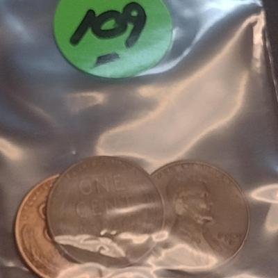 Set of Three U. S. Wheat Pennies 1956-D, 1945, and 1949-D Error (#109)