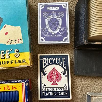 POKER CHIPS, DECKS OF CARDS AND A CARD SHUFFLER