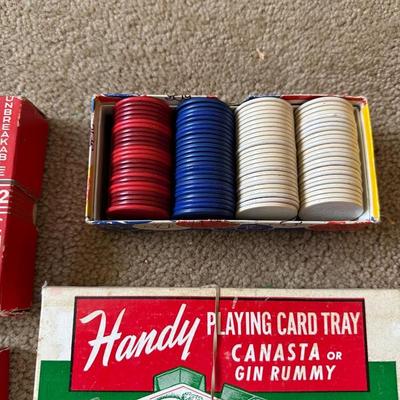 POKER CHIPS, DECKS OF CARDS, HANDY CARD TRAY AND MORE