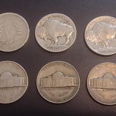 Set of Six U.S. Nickels Various Dates Barber, Buffalo and Jefferson (#110)