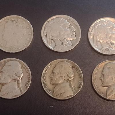 Set of Six U.S. Nickels Various Dates Barber, Buffalo and Jefferson (#110)