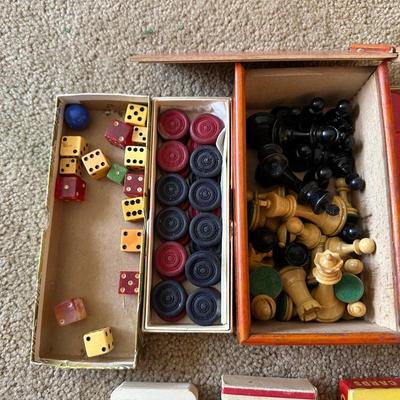 CRIBBAGE BOARDS, CHESS AND CHECKERS PIECES, DICE & SCORE SHEETS