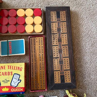 CRIBBAGE BOARDS, CHESS AND CHECKERS PIECES, DICE & SCORE SHEETS