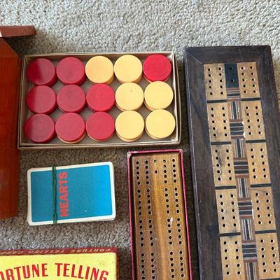 CRIBBAGE BOARDS, CHESS AND CHECKERS PIECES, DICE & SCORE SHEETS