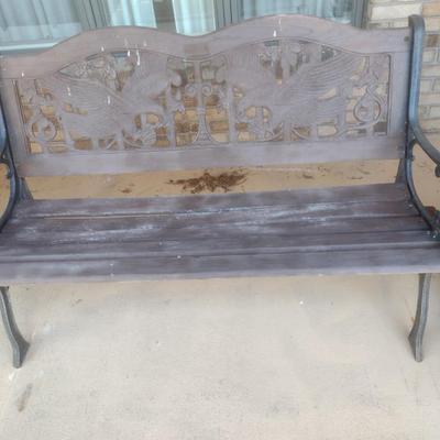 Cast Frame Wood Seat and Back Carved American Eagle Garden Bench