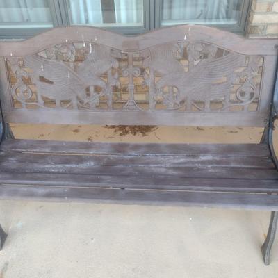 Cast Frame Wood Seat and Back Carved American Eagle Garden Bench