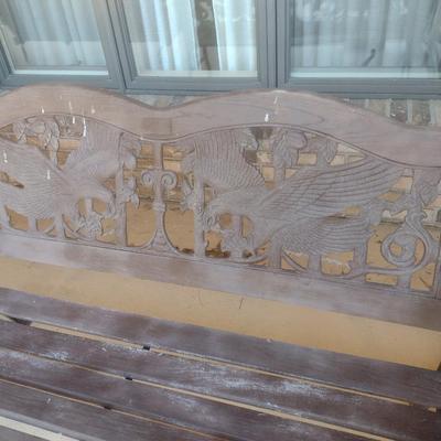 Cast Frame Wood Seat and Back Carved American Eagle Garden Bench