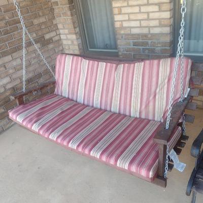 Wood Slat Porch Swing Bench with Cushions