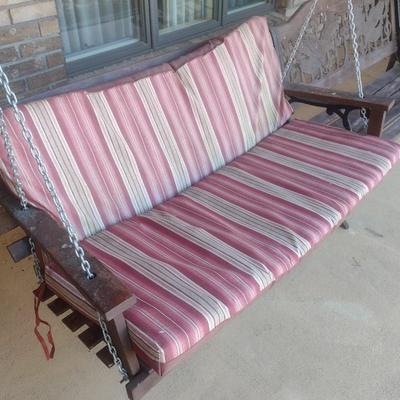 Wood Slat Porch Swing Bench with Cushions