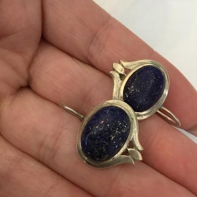 Vintage sterling silver lapis lazuli earrings fishhook with hinged backs
