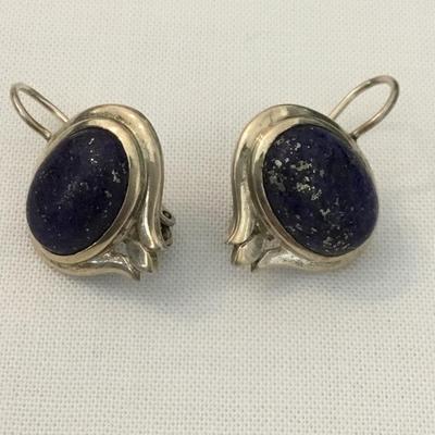 Vintage sterling silver lapis lazuli earrings fishhook with hinged backs