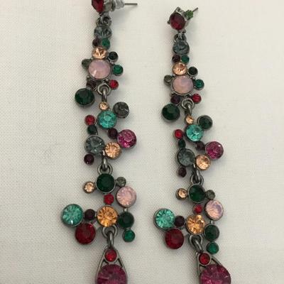 Gun metal, gray, toned, multicolored, rhinestone dangle statement earrings