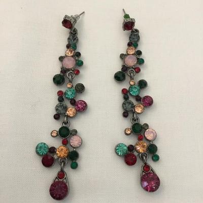 Gun metal, gray, toned, multicolored, rhinestone dangle statement earrings