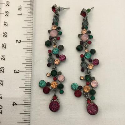 Gun metal, gray, toned, multicolored, rhinestone dangle statement earrings
