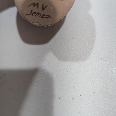 Native American Pottery Vase Tan/Red/Brown 3 " Signed M V Jemez (SR)