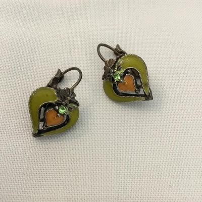 Mid century, silver, toned, enameled heart earrings
