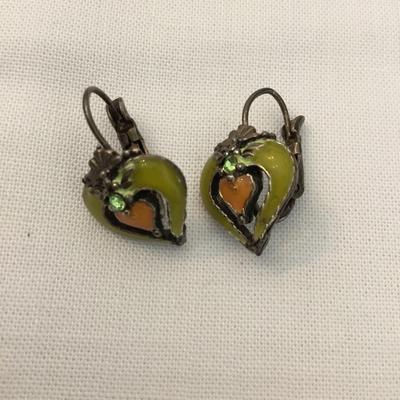 Mid century, silver, toned, enameled heart earrings