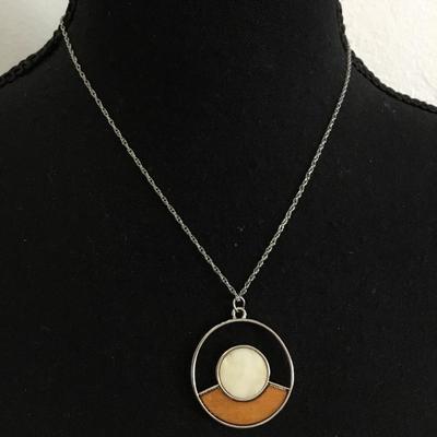 Mid century mother of pearl circular pendant, 925 silver chain necklace