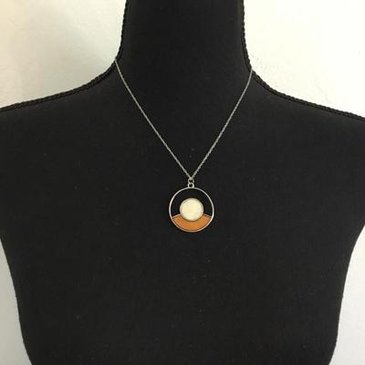 Mid century mother of pearl circular pendant, 925 silver chain necklace