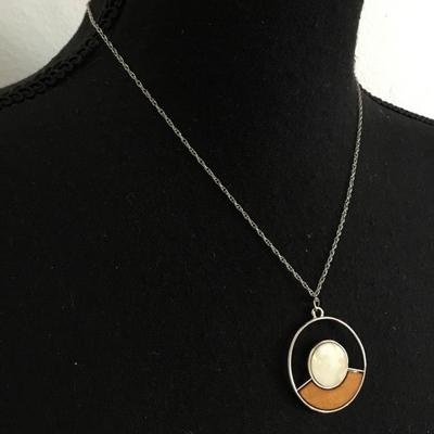 Mid century mother of pearl circular pendant, 925 silver chain necklace