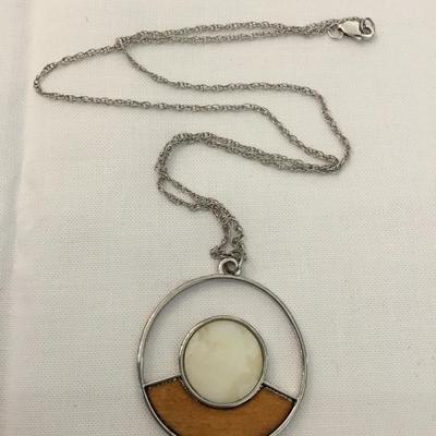 Mid century mother of pearl circular pendant, 925 silver chain necklace