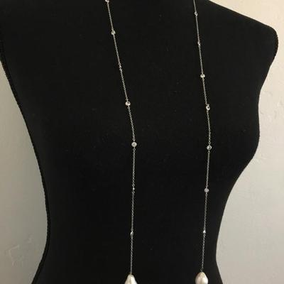 Beautiful, silver toned, crystal caged, necklace, and mother of pearl