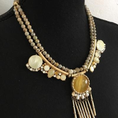 Chicos, gold, toned, beautiful beaded, tassel statement, necklace