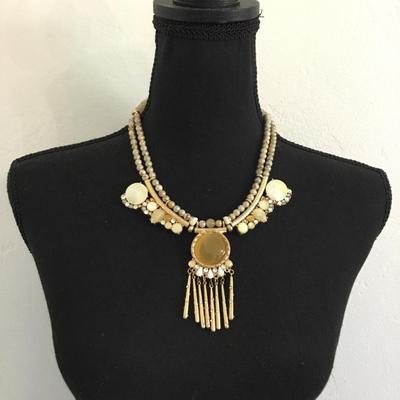 Chicos, gold, toned, beautiful beaded, tassel statement, necklace