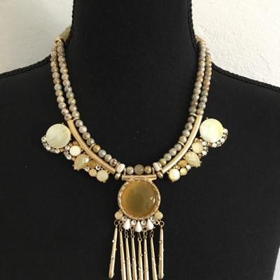 Chicos, gold, toned, beautiful beaded, tassel statement, necklace