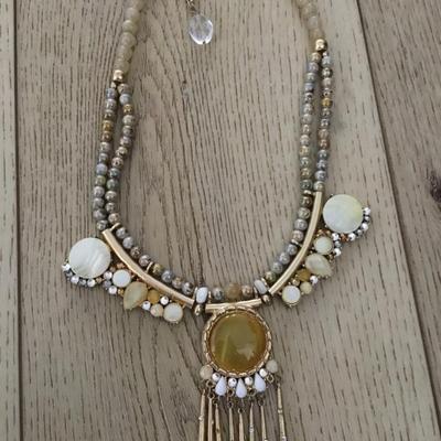 Chicos, gold, toned, beautiful beaded, tassel statement, necklace