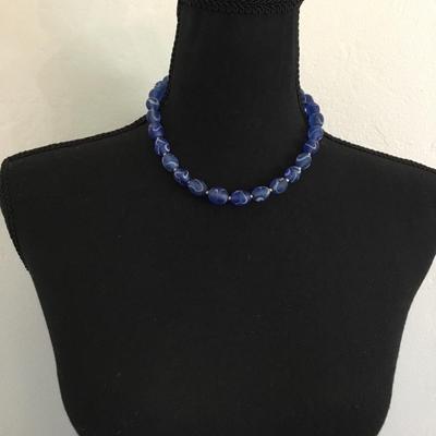 Gorgeous, vintage, frosted blue marble glass, beaded necklace, and gorgeous clap