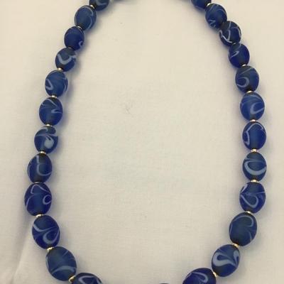 Gorgeous, vintage, frosted blue marble glass, beaded necklace, and gorgeous clap