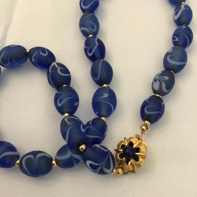 Gorgeous, vintage, frosted blue marble glass, beaded necklace, and gorgeous clap