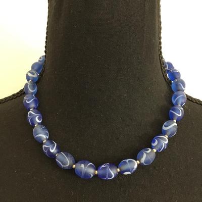 Gorgeous, vintage, frosted blue marble glass, beaded necklace, and gorgeous clap
